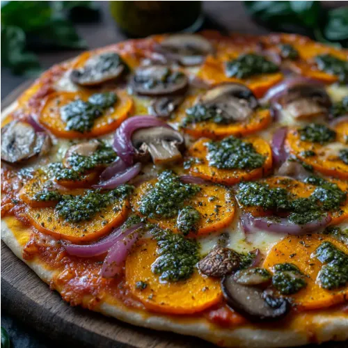 Pizza maison aux légumes d'hiver et pesto