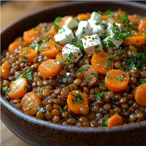 Salade tiède de lentilles, carottes et feta