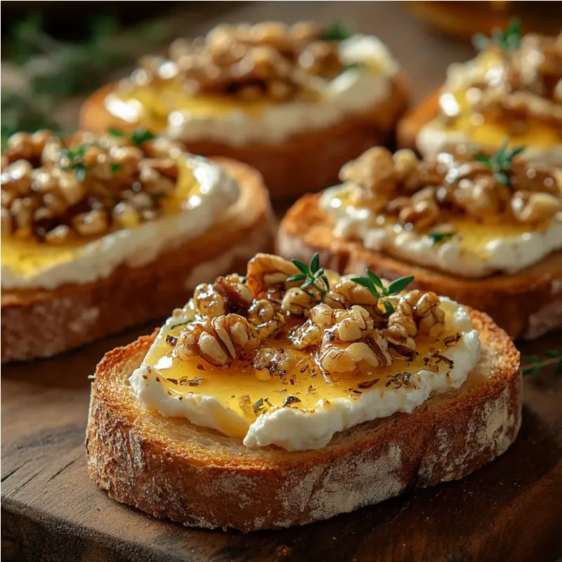Tartines de ch&egrave;vre chaud, miel et noix