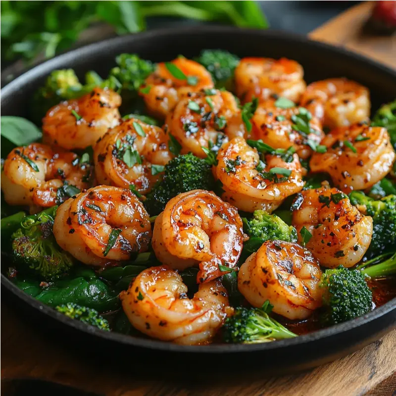 Po&ecirc;l&eacute;e de crevettes &agrave; l'ail et l&eacute;gumes verts