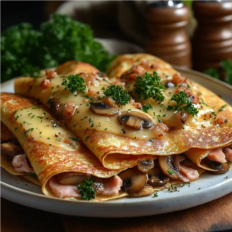Cr&ecirc;pes fourr&eacute;es aux champignons, jambon et morbier
