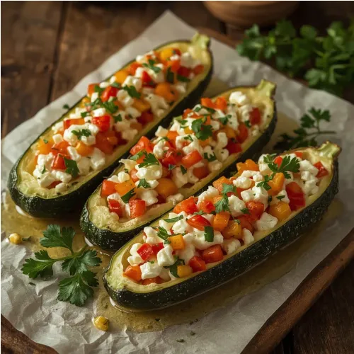 Courgettes farcies au camembert et petits légumes