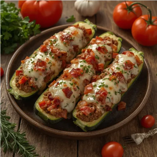 Courgettes farcies au boeuf haché, tomates et bacon