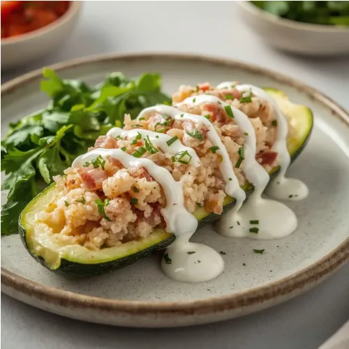 Courgette farcie à la semoule, jambon et yaourt