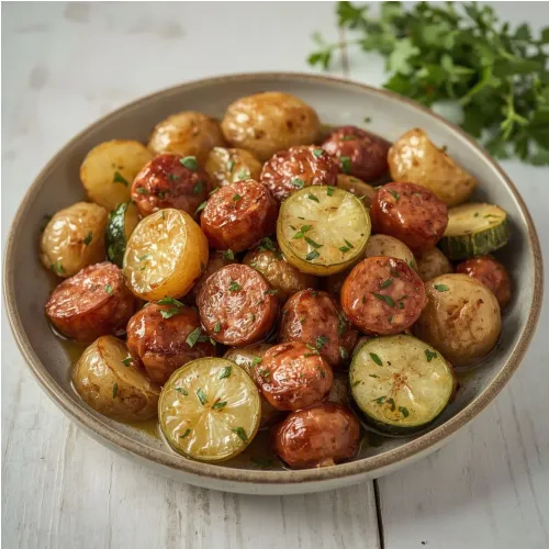 Pommes de terre sautées avec saucisses et courgette