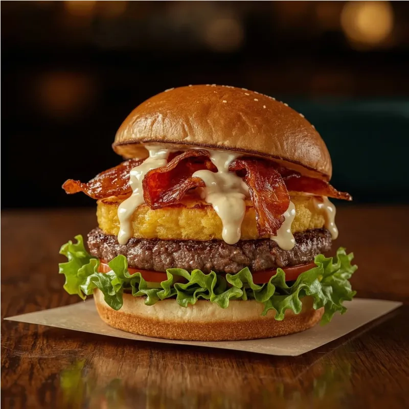 Burger au bacon et galette de pommes de terre