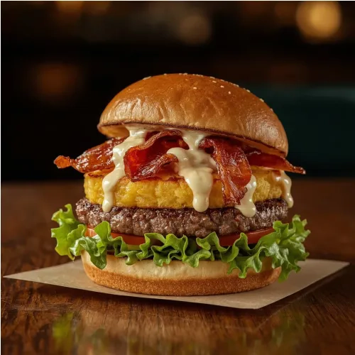 Burger au bacon et galette de pommes de terre