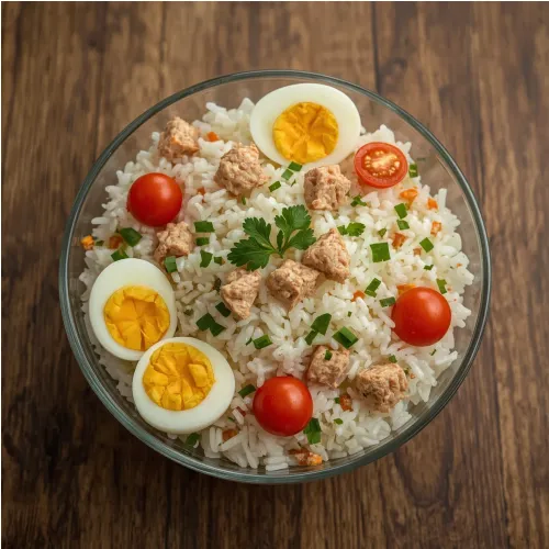 Salade de riz, thon et œuf