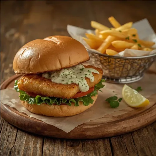 Burger de poisson pané avec sauce tartare au wasabi