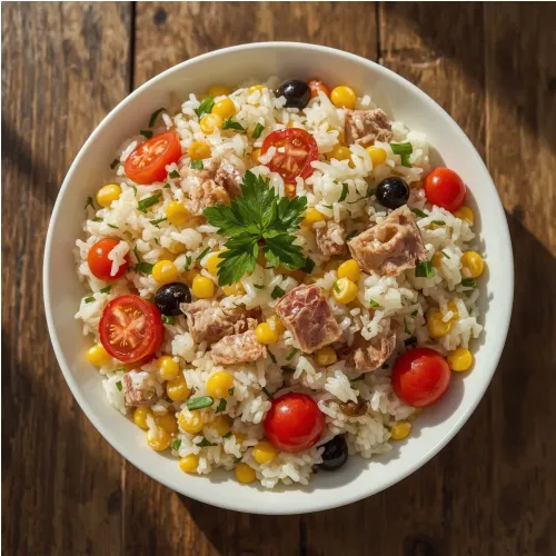 Salade de riz au thon, tomates, maïs et olives