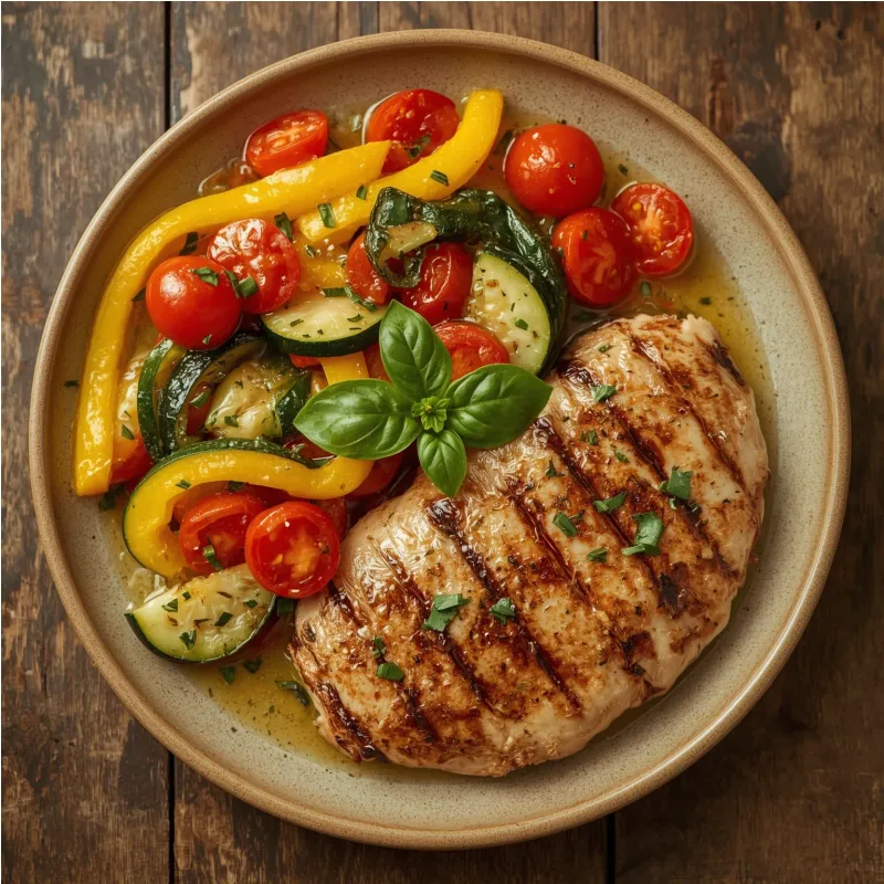 Po&ecirc;l&eacute;e de l&eacute;gumes d'&eacute;t&eacute; et supr&ecirc;me de poulet grill&eacute;