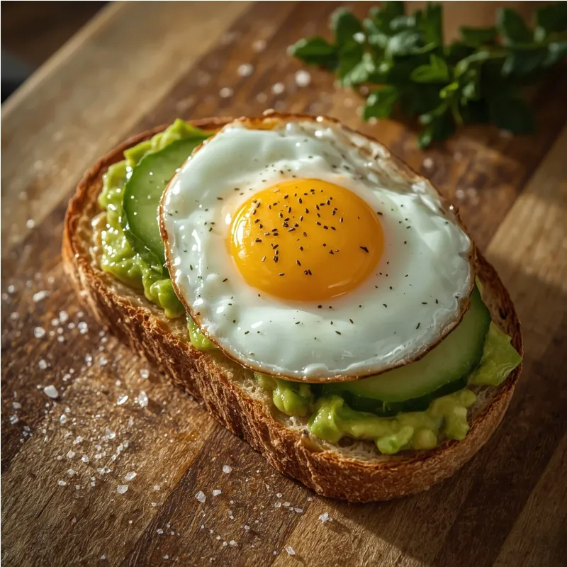 Avocado toast et concombre, oeuf au plat