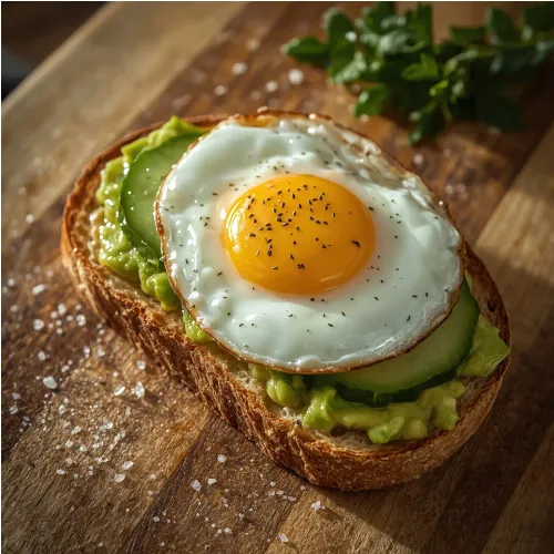 Avocado toast et concombre, oeuf au plat