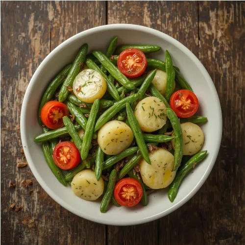 Salade express de haricots verts, pommes de terre et tomate