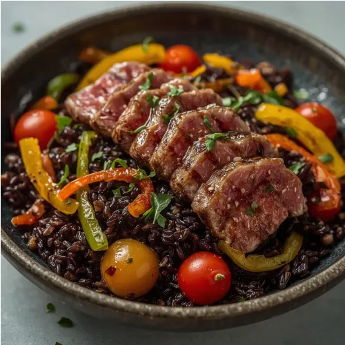 Salade de riz noir aux légumes et thon mi-cuit