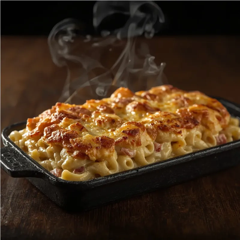 Gratin de p&acirc;tes cr&eacute;meux au jambon et fromage