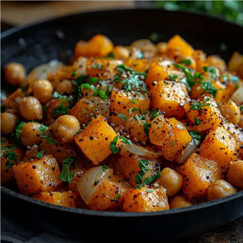 Po&ecirc;l&eacute;e de butternut et pois chiches &eacute;pic&eacute;s