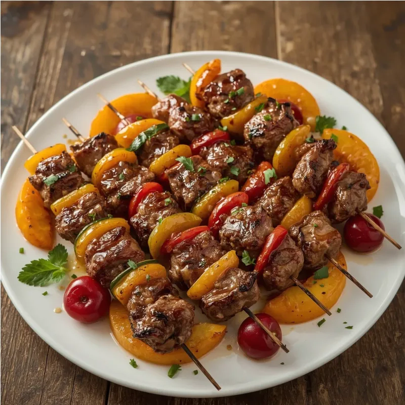 Brochettes de canard aux l&eacute;gumes et fruits d'&eacute;t&eacute;