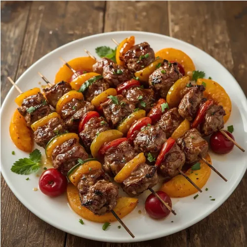 Brochettes de canard aux légumes et fruits d'été