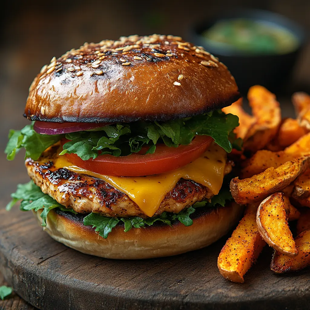 Burgers de poulet maison avec frites de patates douces