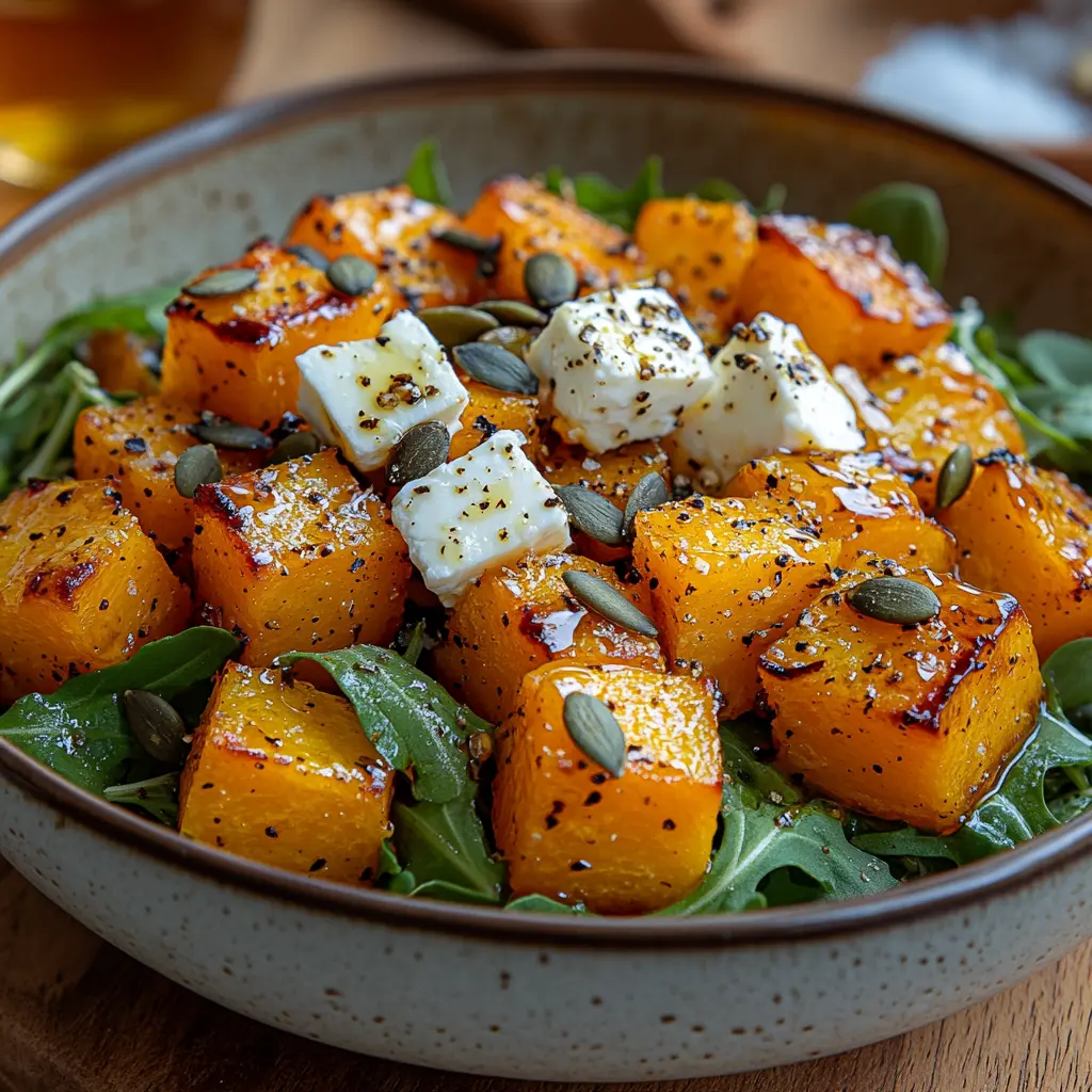 Salade tiède de courge rôtie et feta