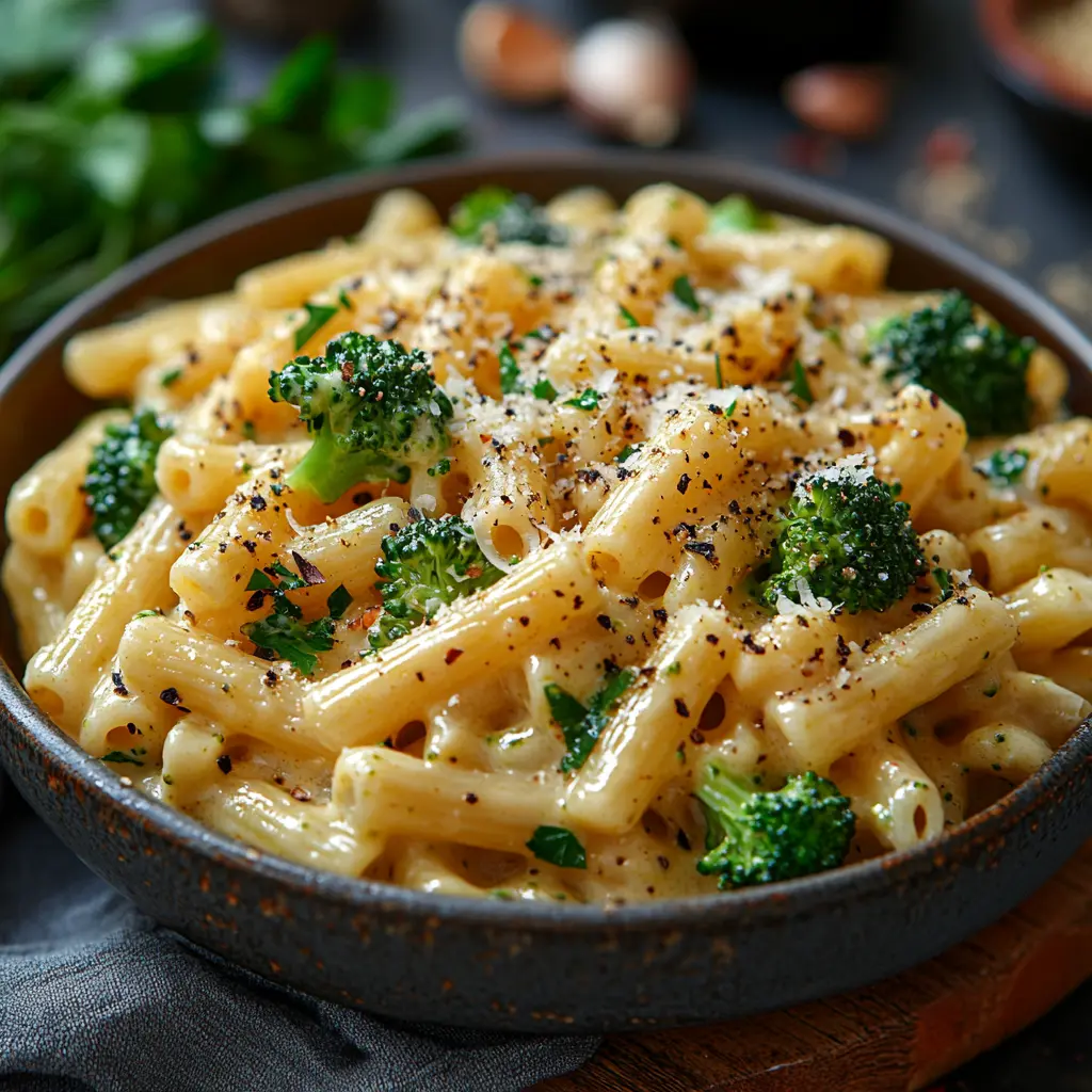 Pâtes au brocoli et sauce crémeuse à l'ail