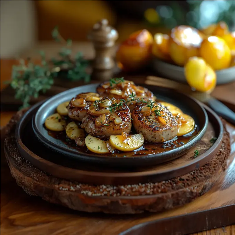 Saut&eacute; de porc aux pommes et oignons caram&eacute;lis&eacute;s