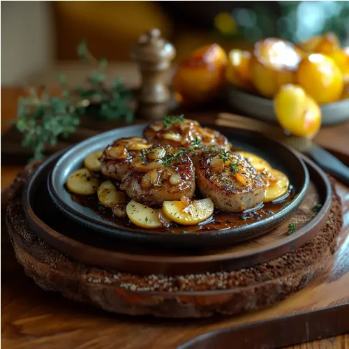 Sauté de porc aux pommes et oignons caramélisés