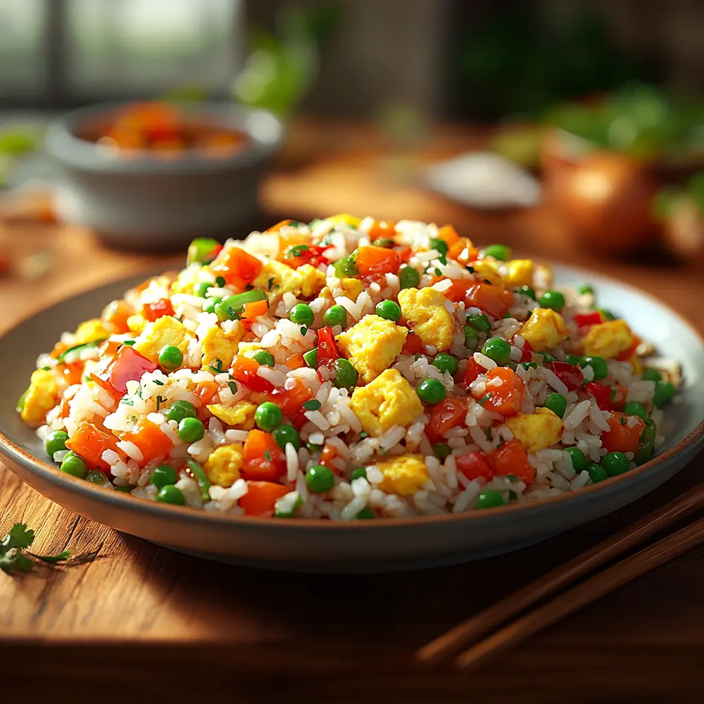 Riz sauté aux légumes et œufs brouillés