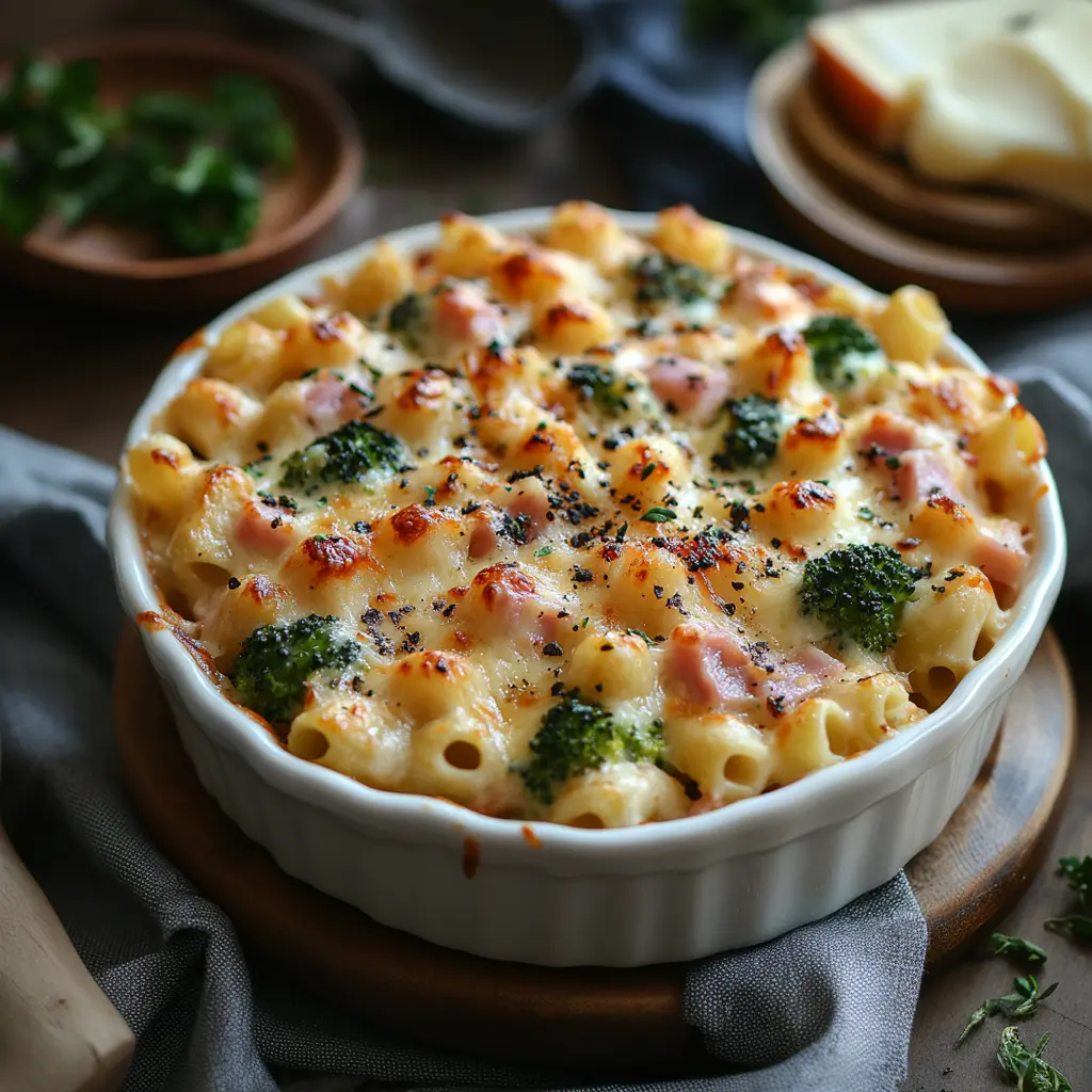 Gratin de pâtes au jambon et brocoli