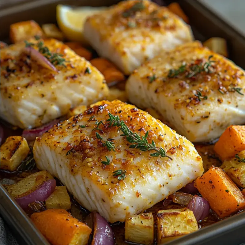 Filets de poisson au four et l&eacute;gumes d'automne