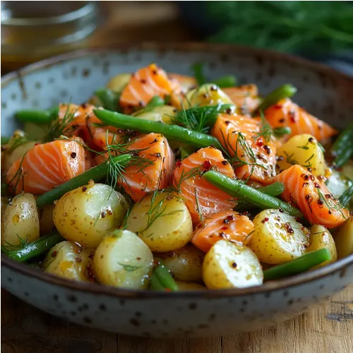 Salade tiède de pommes de terre, haricots verts et saumon fumé