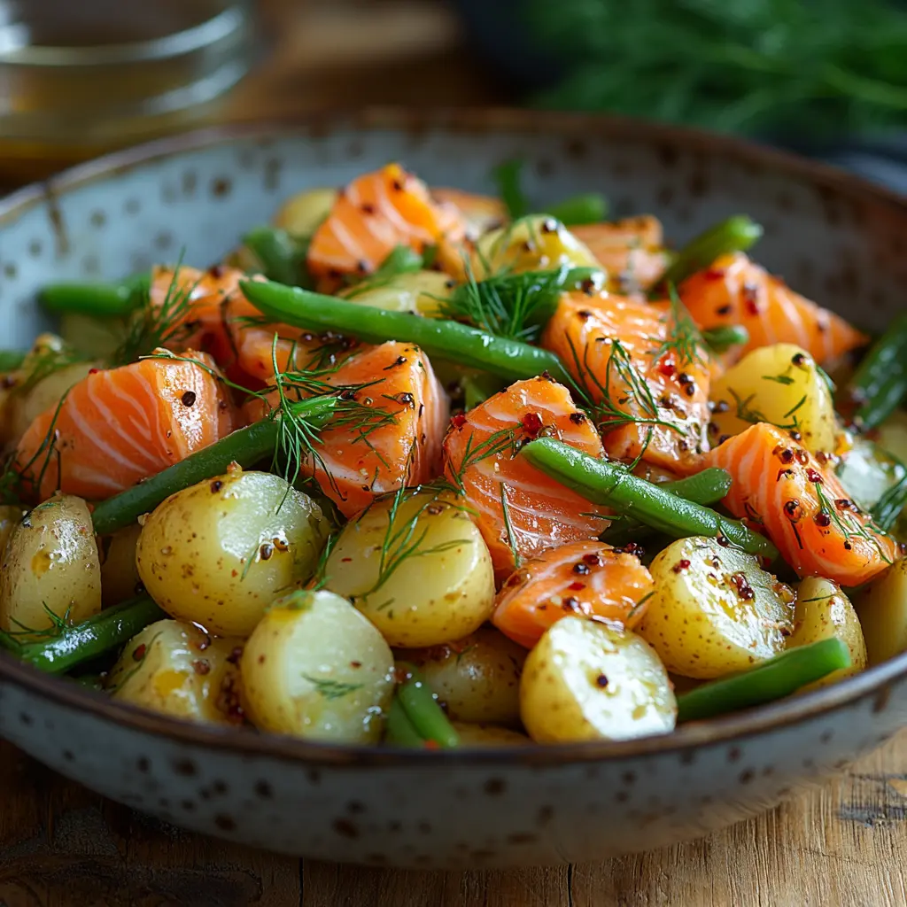 Salade tiède de pommes de terre, haricots verts et saumon fumé